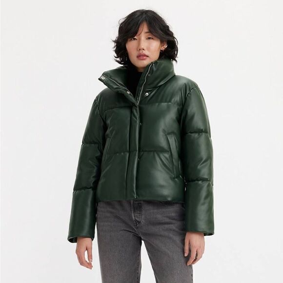 Levi Strauss Faux Leather Stand Collar Puffer Jacket, Spruce Green Size XXL NWT - Picture 1 of 11